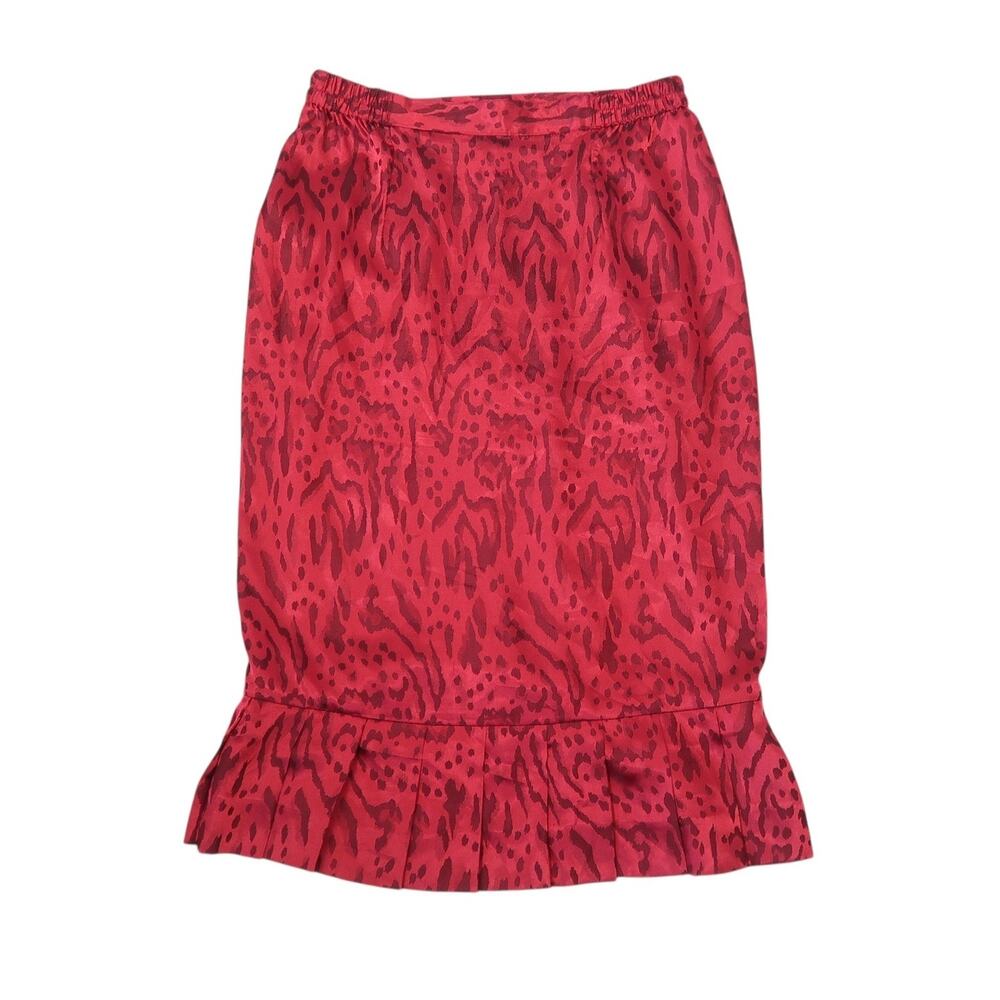 Vintage 90s Dark Red Animal Print Satin Flared Hem Midi Trumpet Skirt M